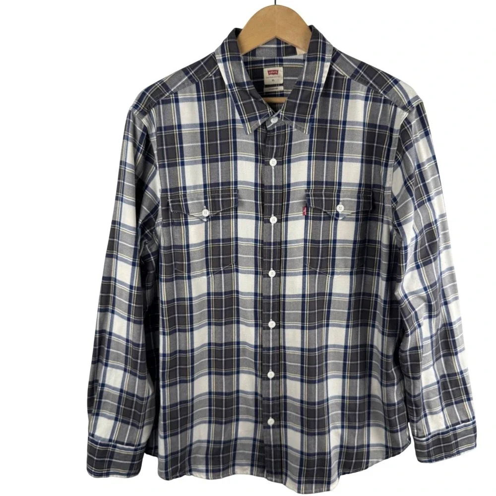 Levis Mens XL Standard Fit Plaid Flannel‎ Button Down Shirt Navy Grey White